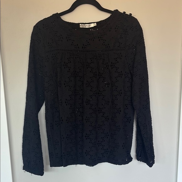 laffaire Tops - Laffaire Embroidered Classic Black Blouse with Crew Neckline and Long Sleeves